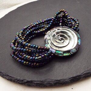 PEACOCK MULTISTRAND GLASS SEED BEADS ABALONE & MOP SPIRAL MEDALLION BRACELET 57